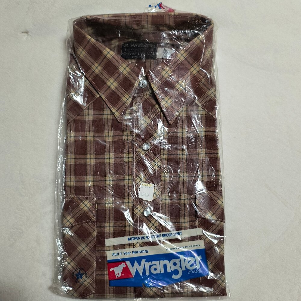 Vintage 80s NOS Wrangler Pearl Snap Western Shirt Brown Plaid 17.5 38 Long Tails